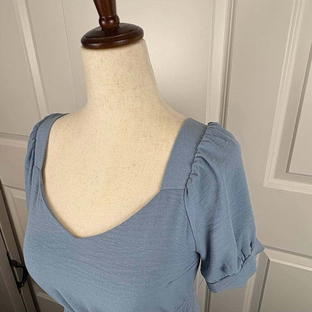 Monteau Blue Knee Length Dress Puff Sleeve Tiered Sweetheart Cottagecore S NWOT - Picture 3 of 7